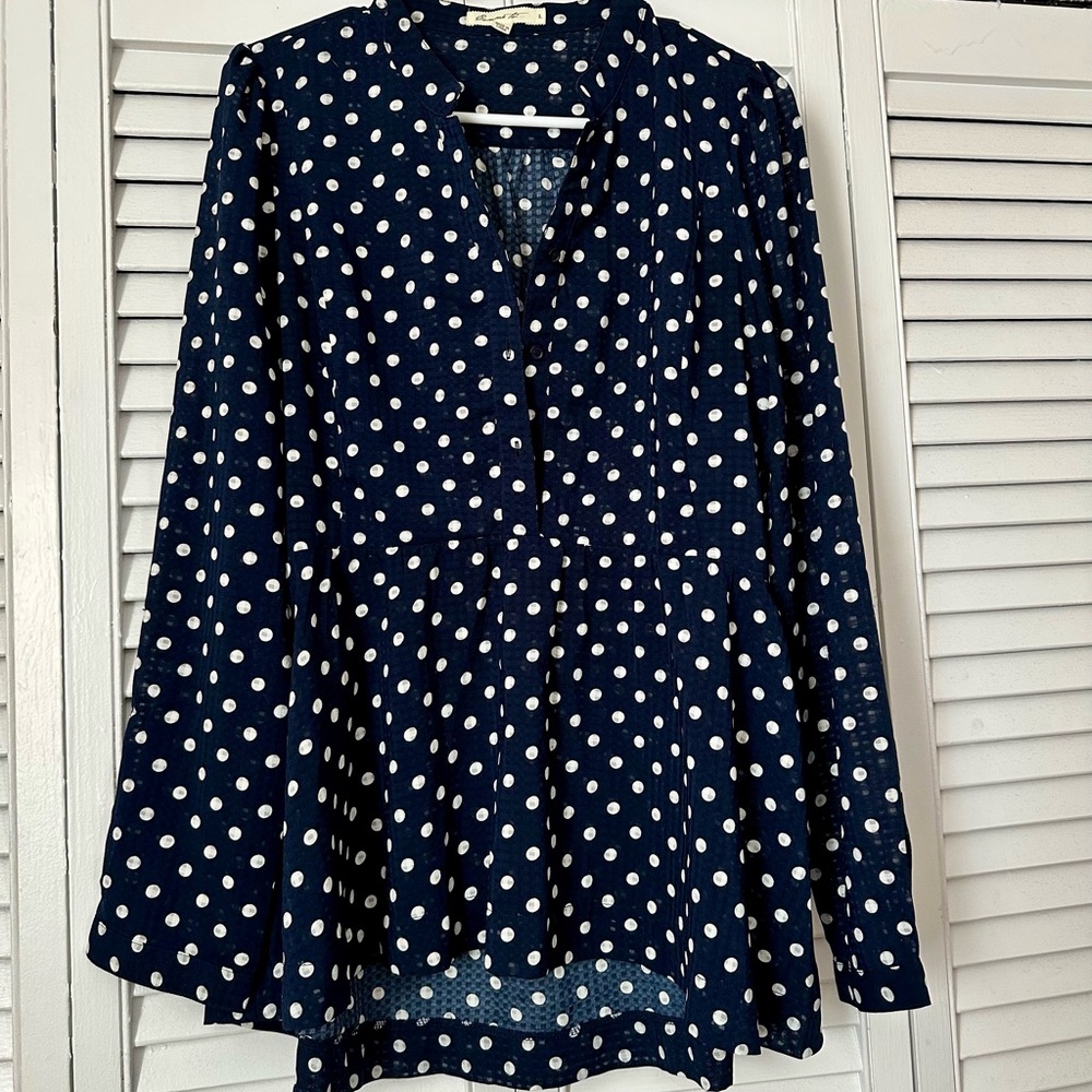 Navy and White Buttoned Peplum Blouse with Mandarin Collar